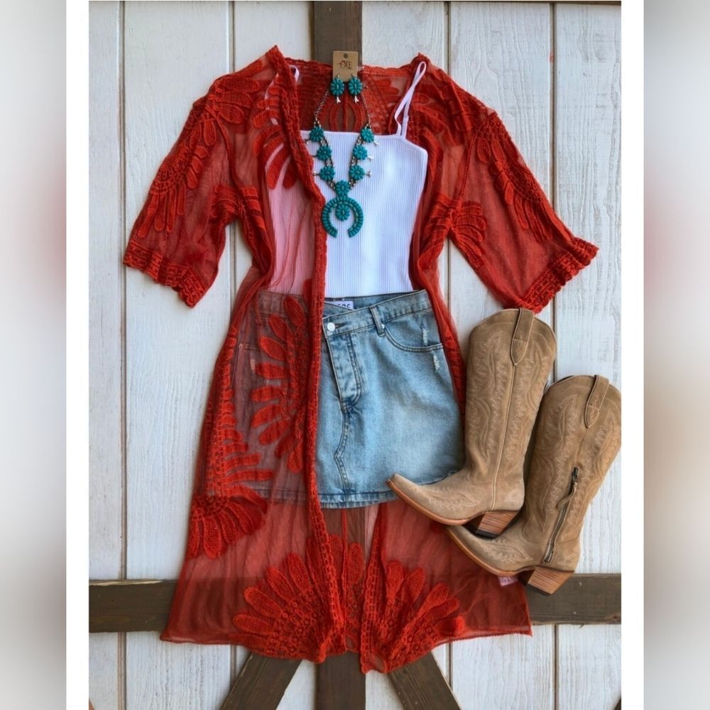 Umgee + Dusty Rose Acid Wash Sheer Mesh Floral Lace Kimono Size 1X